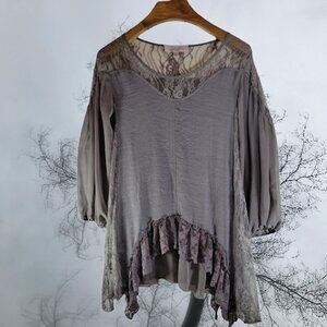 Pretty Angel Gray Lace Tunic Top Smoky Whimsigoth Witchy Ruffle Lace Hem - Small